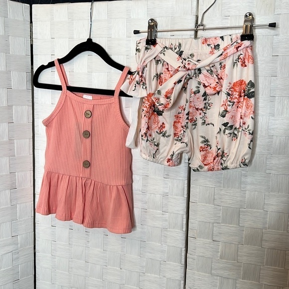 Other - PINK floral 3 pcs baby shorts set Ruffle tank top